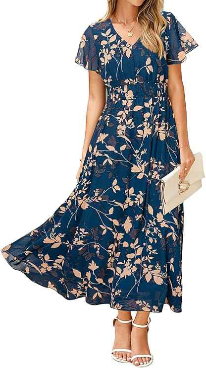 Simplee Womens Floral Maxi Dress - Short Sleeve Summer Boho Wedding Guest Dress Empire Waist Chif... | Amazon (US)