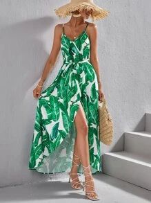 SHEIN VCAY Tropical Print Belted Cami Dress SKU: sw2212194094354874(24 Reviews)Trending - Bohemia... | SHEIN