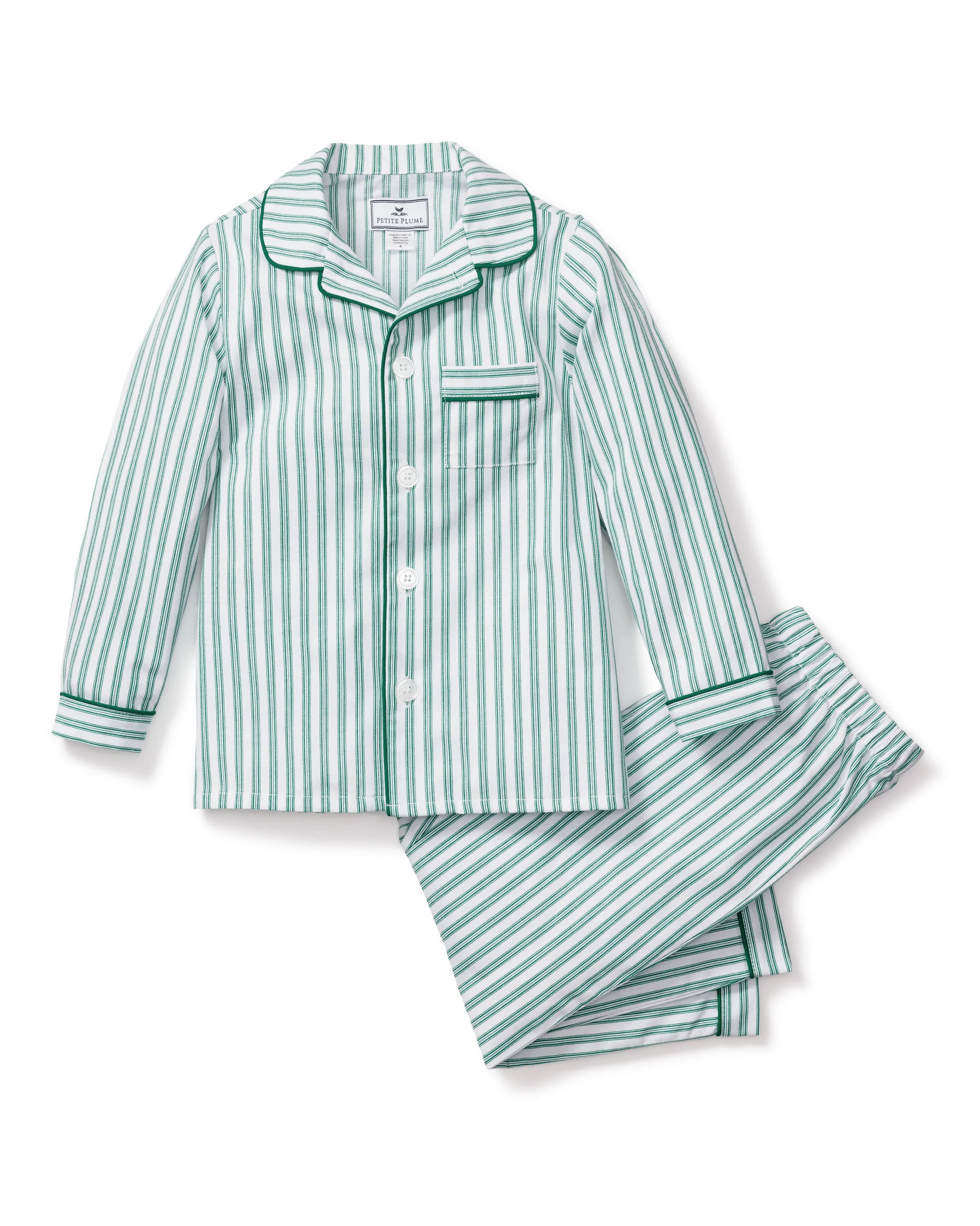 Kid's Twill Pajama Set in Emerald Ticking | Petite Plume