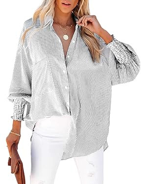 Women's Smocked Cuffed Striped Boyfriend Shirt with Pocket Casual Collar Long Sleeve Blouse Tops ... | Amazon (US)