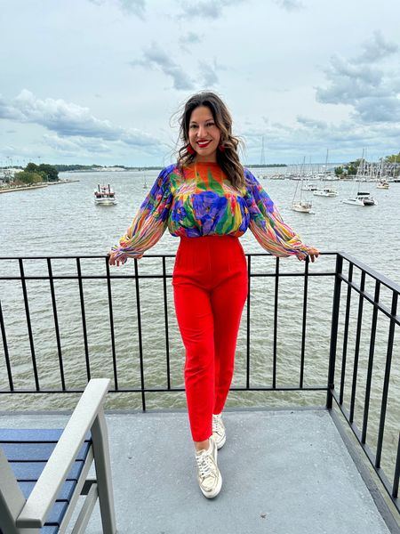 High waist pants, gold sneaker, gold earrings, red earrings, peasant blouse 

#LTKSeasonal #LTKfindsunder100 #LTKfindsunder50