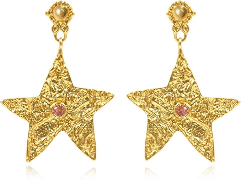 CW 24K Gold-plated big star dangle earrings,big gold star inlaid with pink zircon,retro lovely an... | Amazon (US)