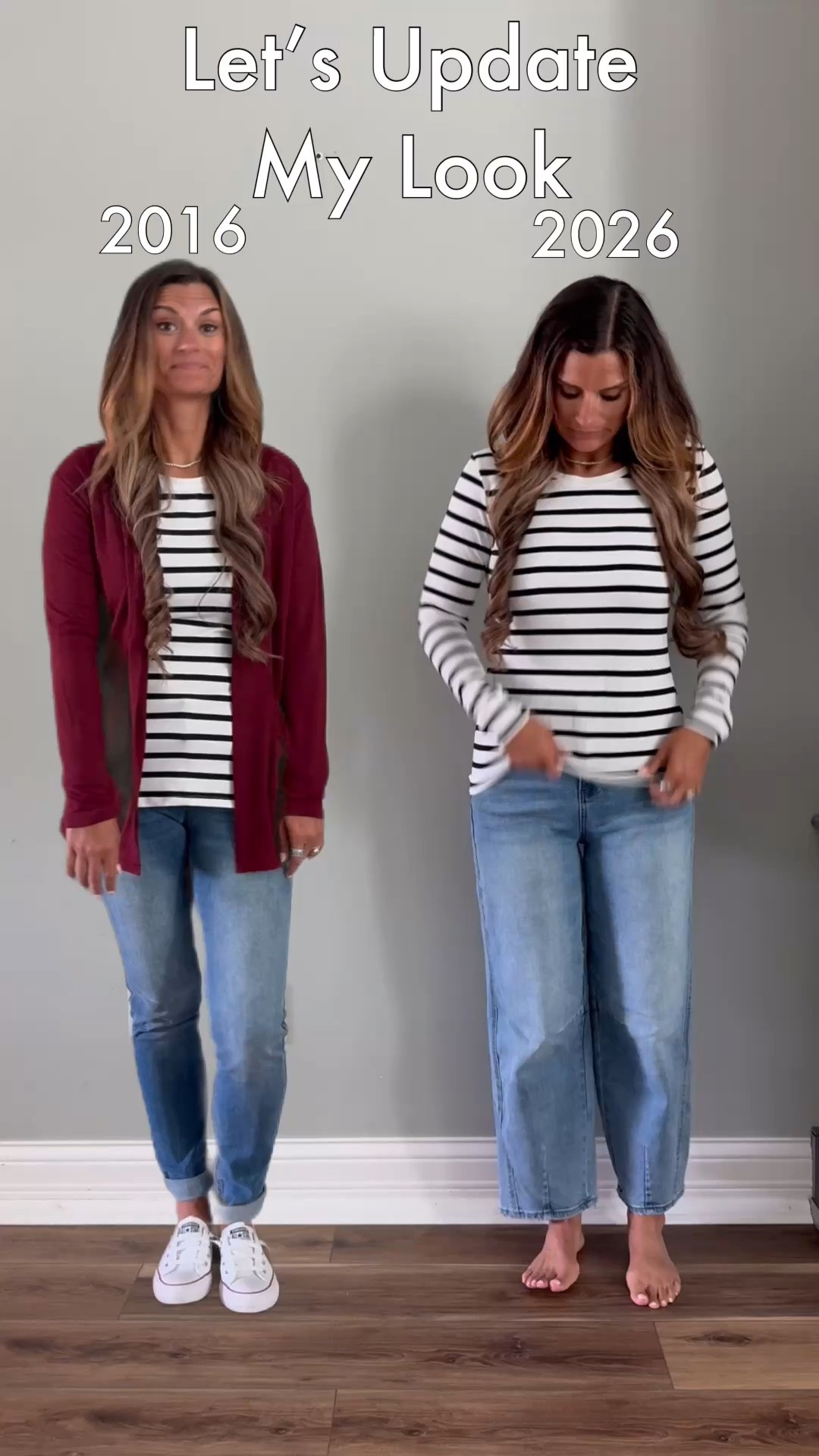 Let’s update my look with barrel jeans and a burgundy jacket with striped shirt