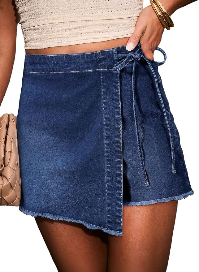 Sidefeel Womens Jean Skirt High Waisted Raw Hem Stretchy Asymmetrical Side Tie Wrap Denim Mini Sk... | Amazon (US)