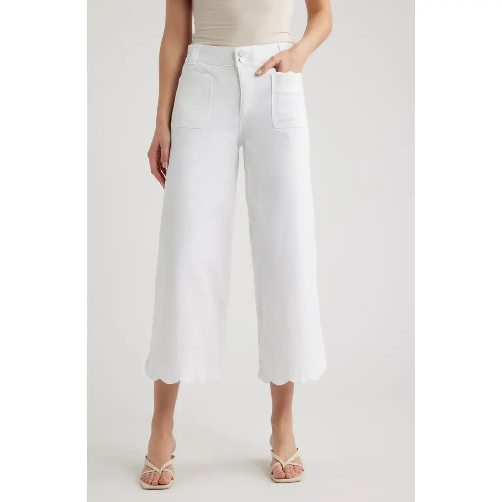 Wit & Wisdom Scallop Patch Pocket High Waist Crop Wide Leg Twill Pants in Optic White at Nordstrom, Size 0 | Nordstrom