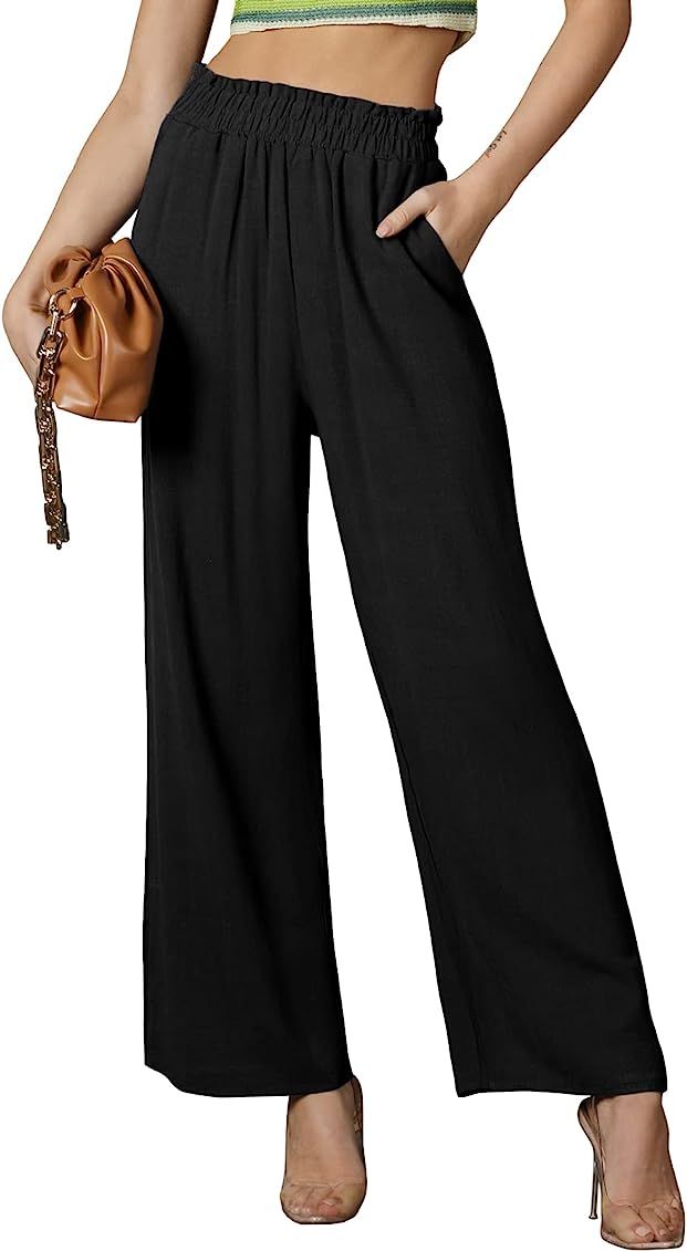 DOUBLJU Women's Casual Elastic Waist Comfy Wide Leg Linen Pants with Pockets | Amazon (US)