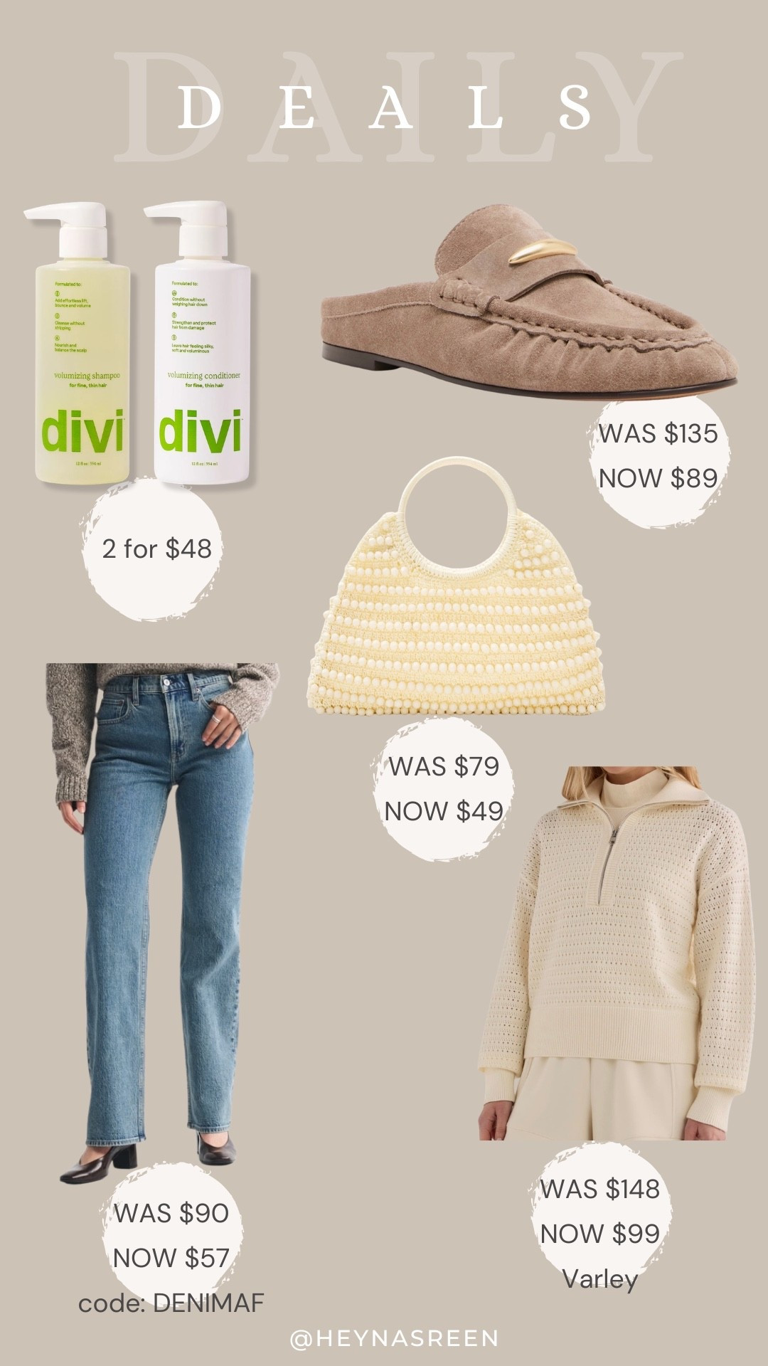 Daily deals on Divi shampoo & conditioner, Steve Madden mules, J.Crew handbag, Varley sweater, Anthropologie dress
