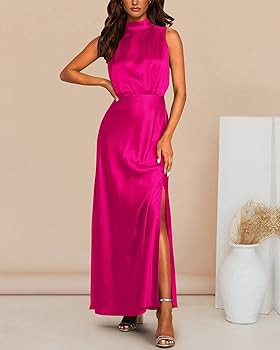 BTFBM Women Sleeveless Mock Neck Cocktail Dresses Keyhole Elastic Waist Party Wedding Guest Satin... | Amazon (US)