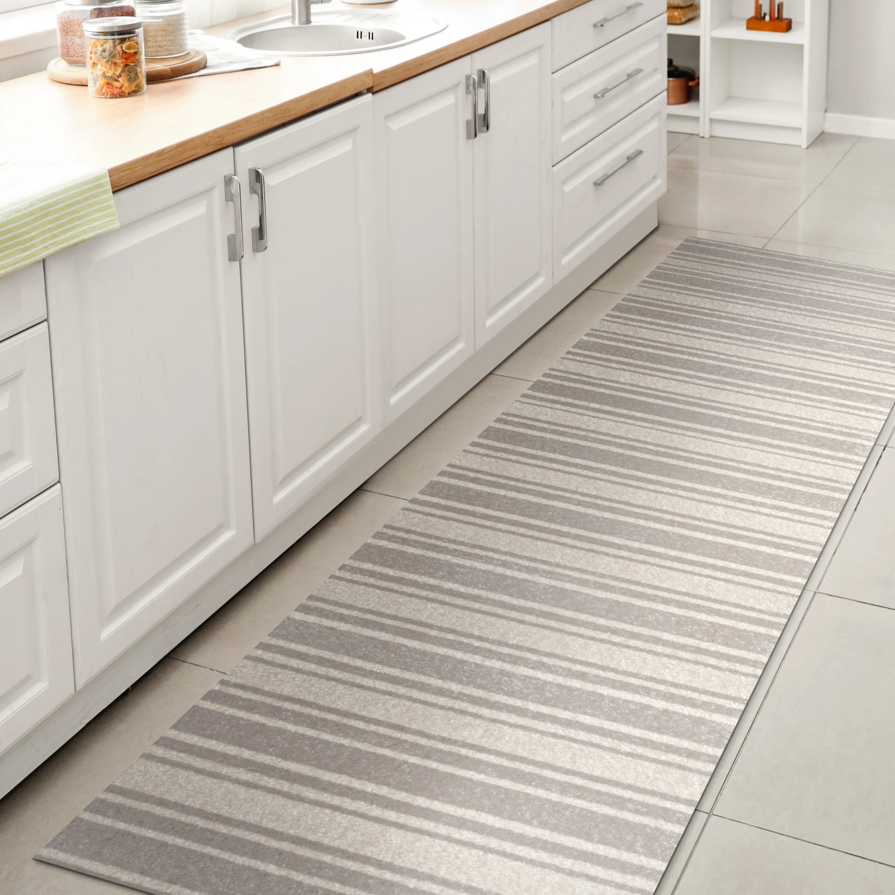 Belves Two-Tone Striped Classic Low-Pile Machine-Washable Cream/Light Gray Rug | Wayfair North America