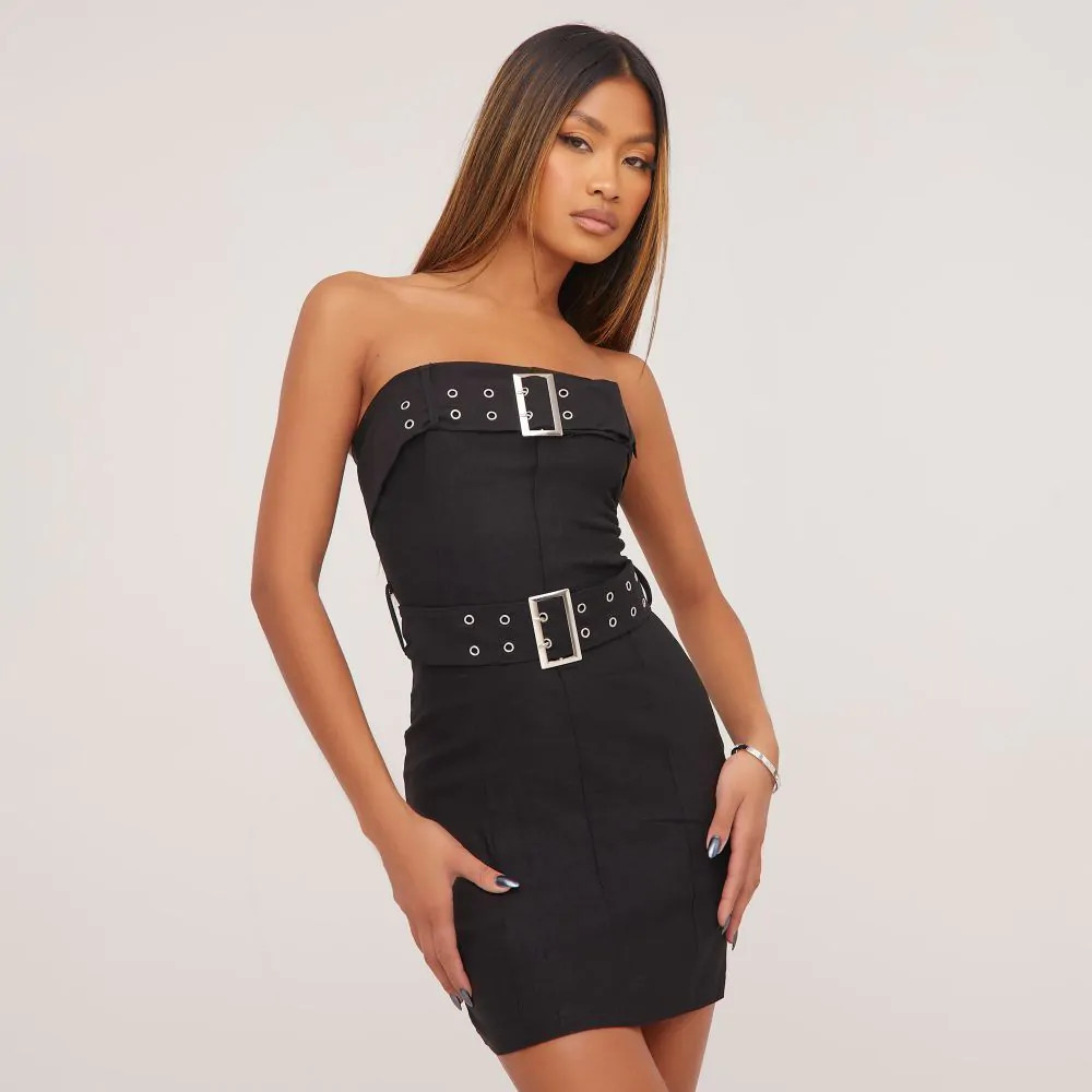 Bandeau Double Belt Detail Mini Bodycon Dress In Black Woven | EGO Shoes (US & Canada)