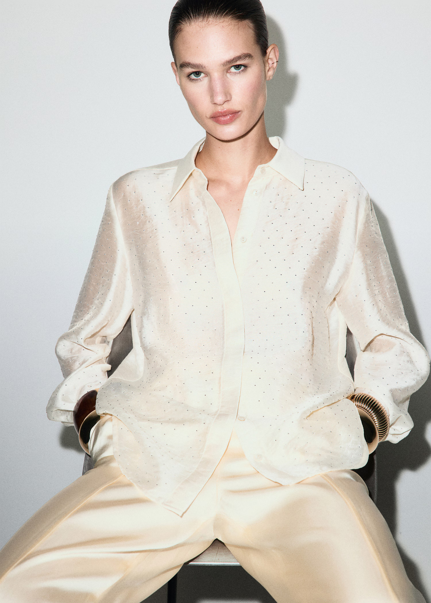 Satin shirt with rhinestones - Women | MANGO United Kingdom | MANGO (UK)