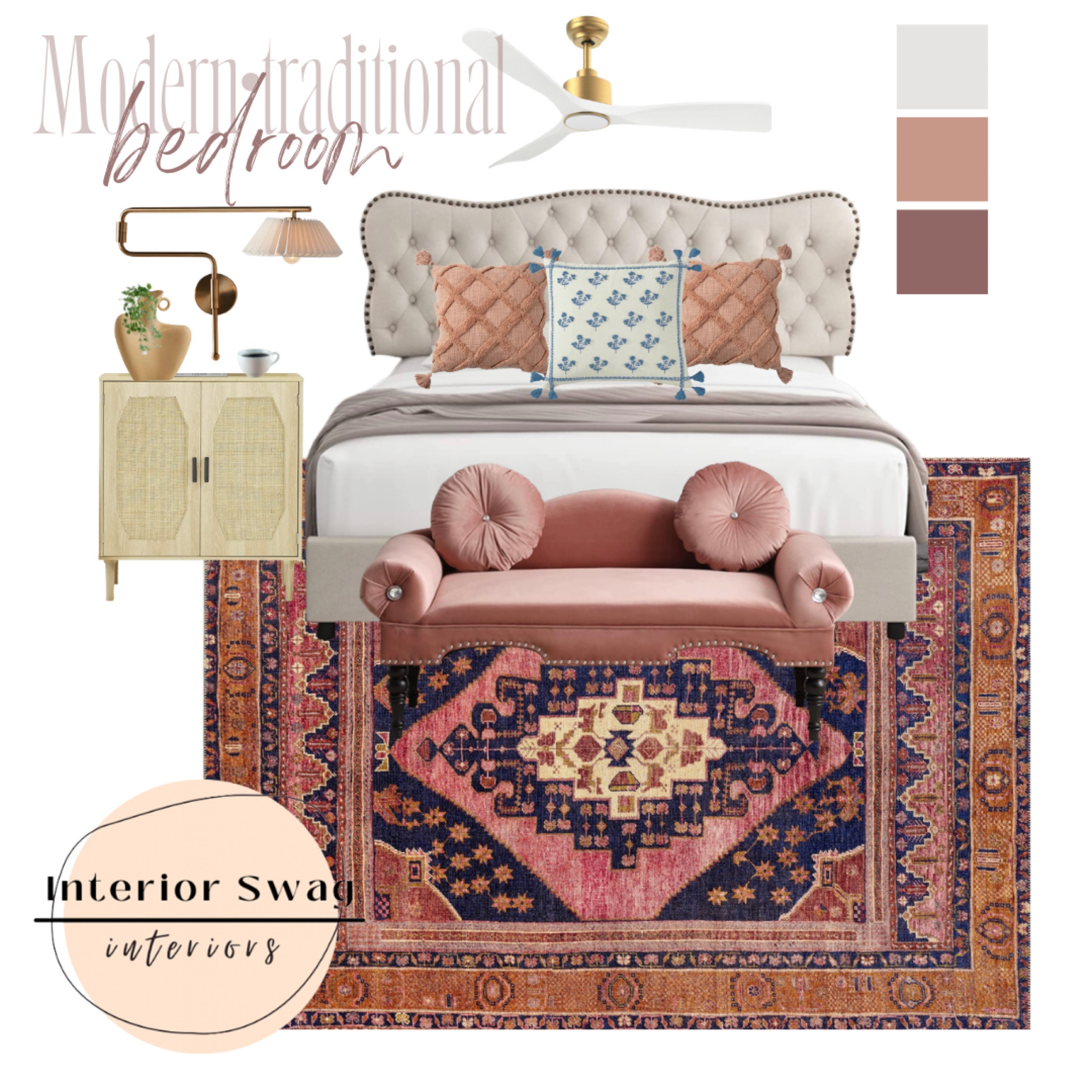 Loving this Modern traditional bedroom, tufted king bed, antique rug, Anthropologie wall sconce, amazon side table and gold white ceiling fan, pink sofa, Walmart fringe pillows better homes and gardens  

#LTKhome #LTKsalealert #LTKunder100