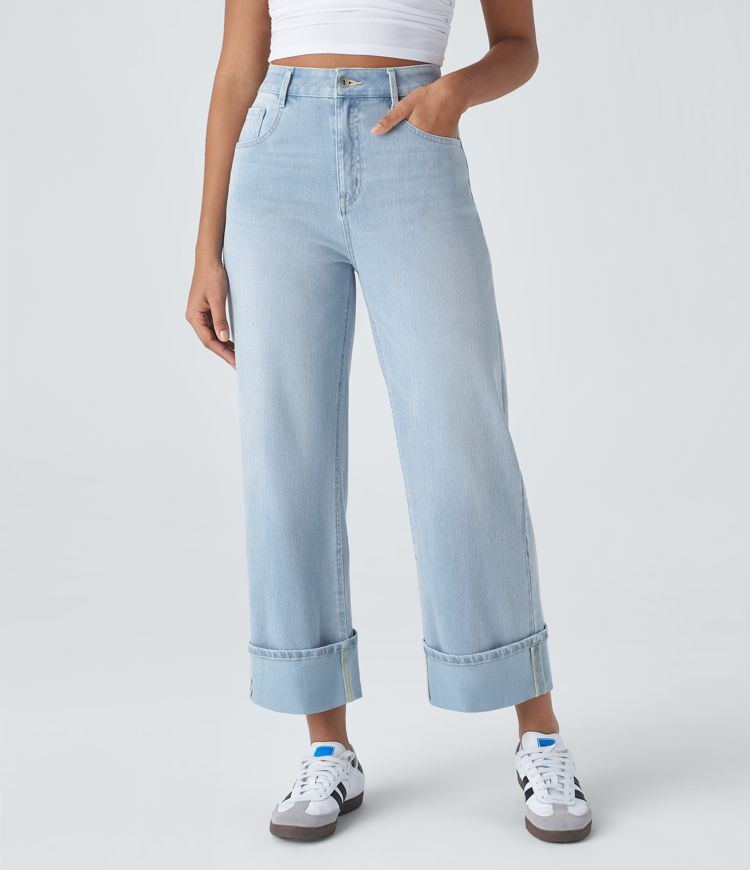 Women’s Halara Flex™ High Waisted Multiple Pockets Rolled Hem Wide Leg Washed Stretchy Knit C... | HALARA