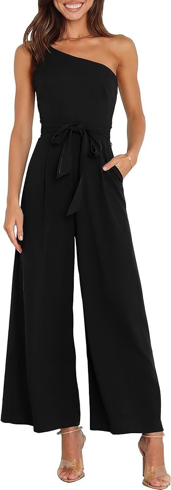ANRABESS Women's Summer Dressy One Shoulder Sleeveless Tie Waist Backless Casual Wide Leg Jumpsui... | Amazon (US)