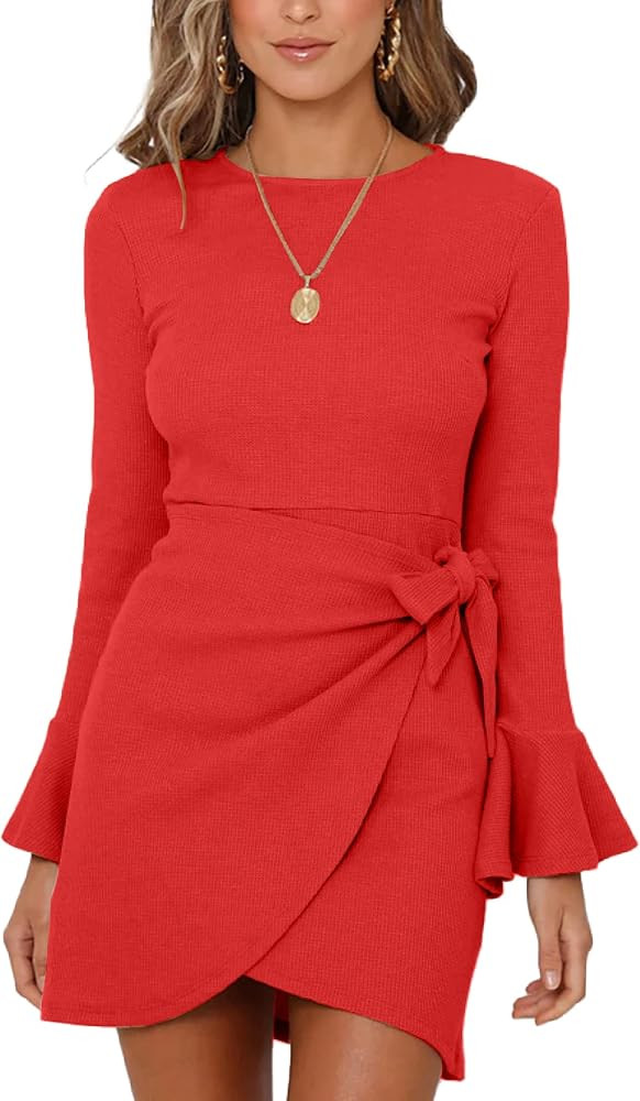 XIEERDUO Womens Wrap Dresses Tie Waist Bodycon Long Bell Sleeve Mini Dress | Amazon (US)