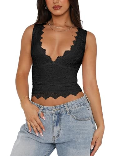 REORIA Womens Sexy V-Neck Sleeveless Double Lined Going Out Y2K Trendy Lace Cropped Tank Tops | Amazon (US)