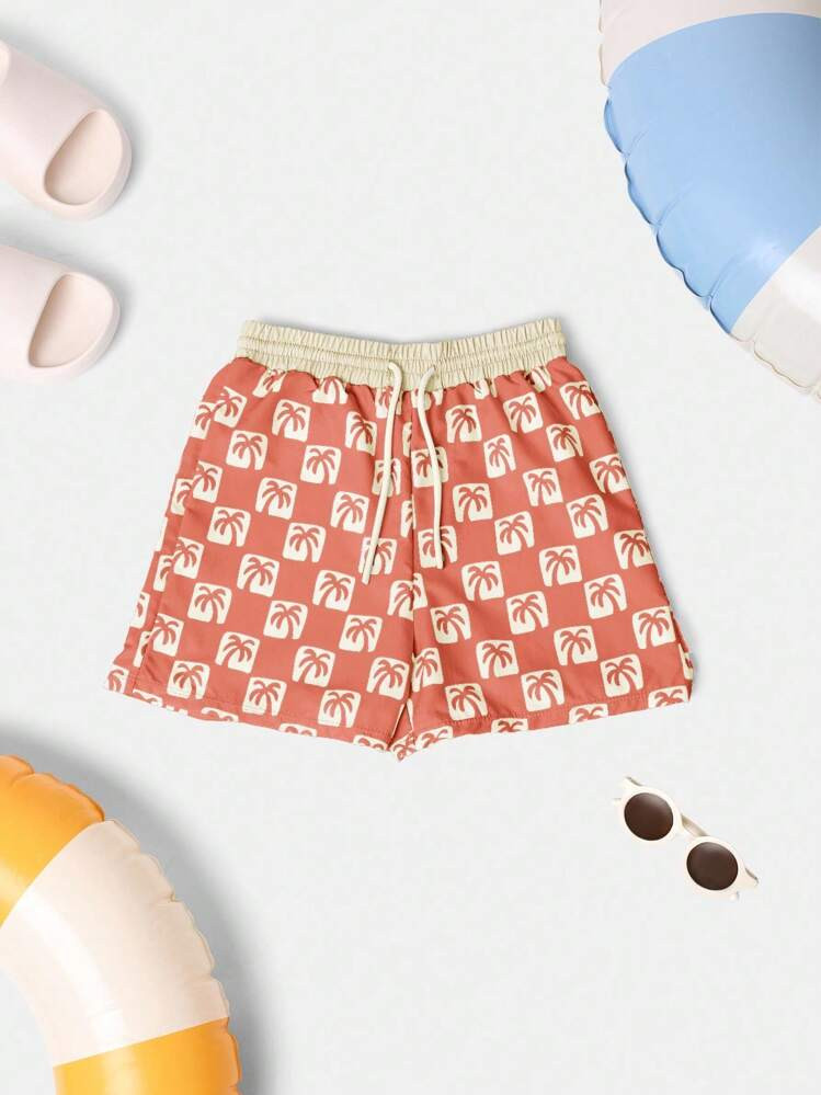 SUMWON Palm Tree Pattern Beach Swimming Trunks Board Shorts Summer Vacation Pool Drawstring Shorts Holiday Swimwear Casual | SHEIN