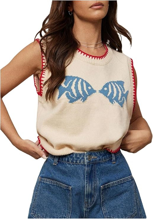 SHENHE Women's Fish Embroidery Sweater Vest Contrast Trim Crewneck Sleeveless Knit Tank Top | Amazon (US)