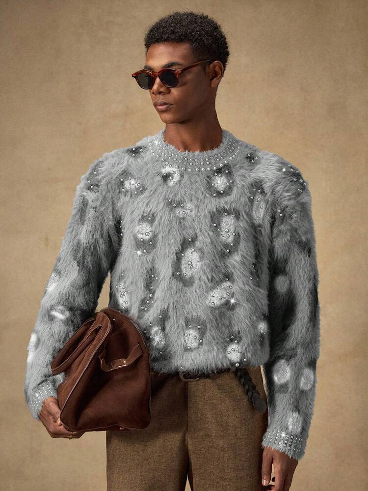 AKNOTIC Men's Crew Neck Long Sleeve Sweater - Leopard Jacquard Embellished, Loose Casual Fit, Autumn/Winter New Arrival | SHEIN