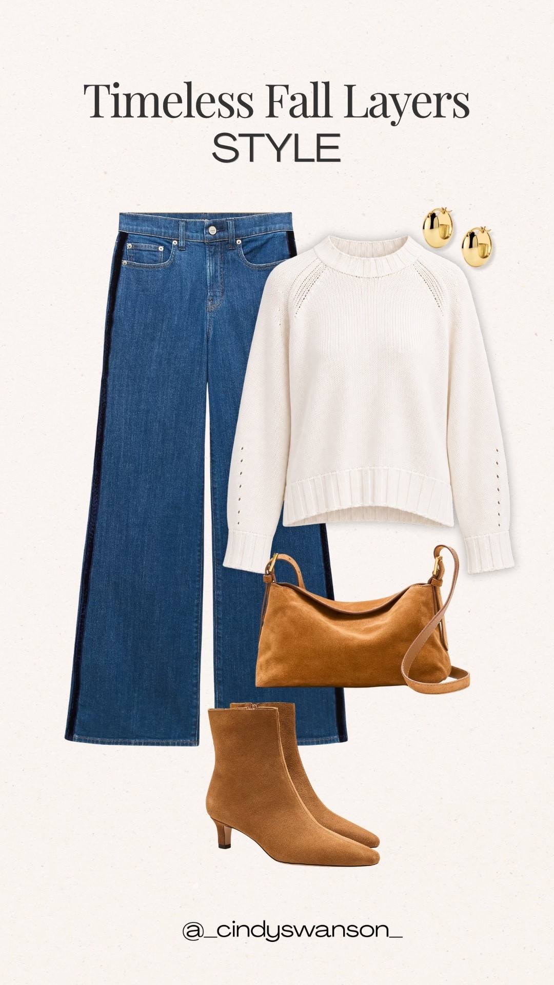 A cream knit sweater and dark blue wide-leg jeans are such a timeless combination for fall. I love how the warm cognac ankle boots and matching shoulder bag pull everything together for an effortlessly polished look that works for lunch out, shopping, or everyday plans.