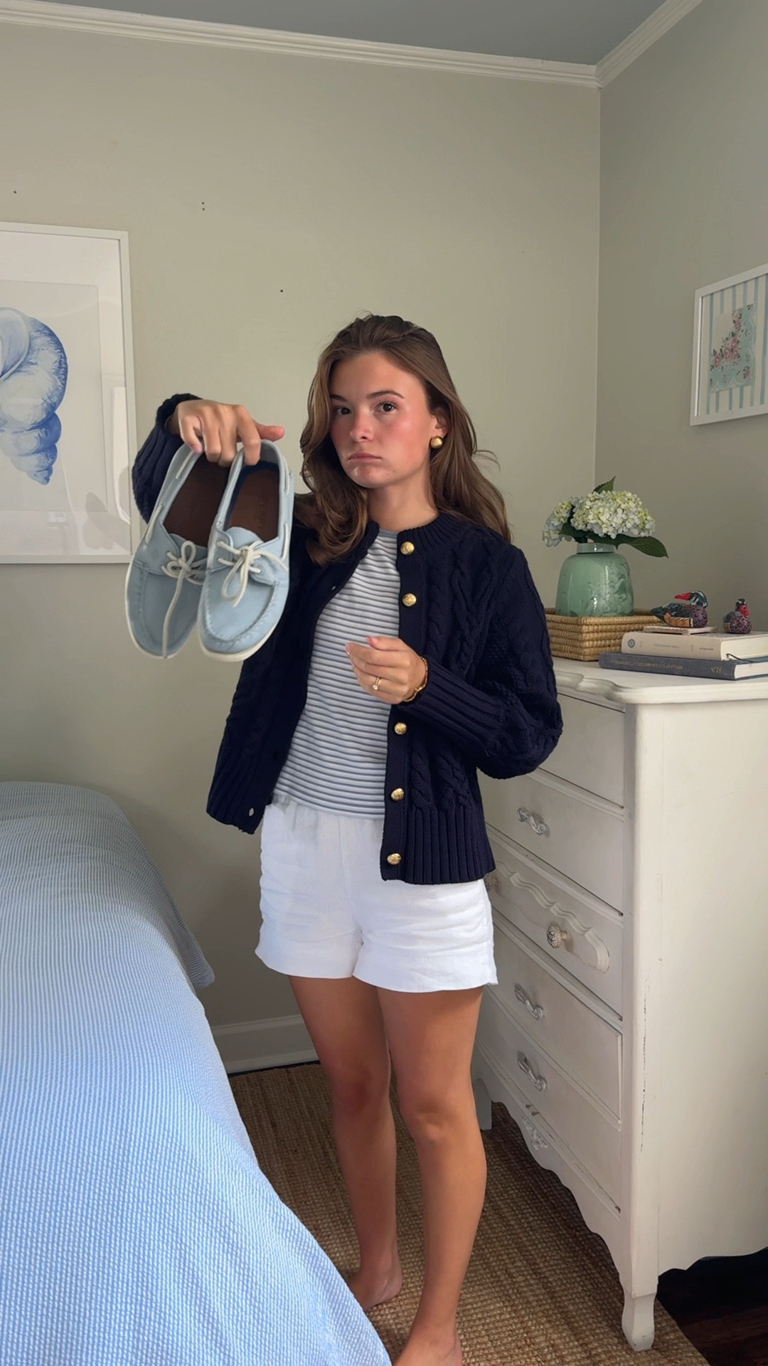 Wearing an xs in the sweater and shorts! I’m usually an xs and am 5’2”. In these shoes I go down 1/2 a size. #summeroutfit #transitionoutfits #sweater #navy #blueandwhite #latesummer #boatshoes

#LTKFindsUnder50 #LTKStyleTip #LTKSeasonal