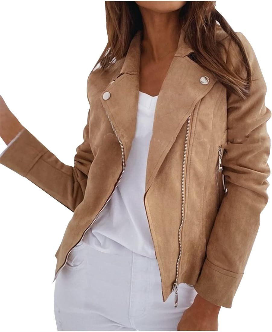 HTHLVMD Women's Zipped Notch Collar Moto Biker Jacket Casual Short Coat Outwear Faux Suede Leather J | Amazon (US)