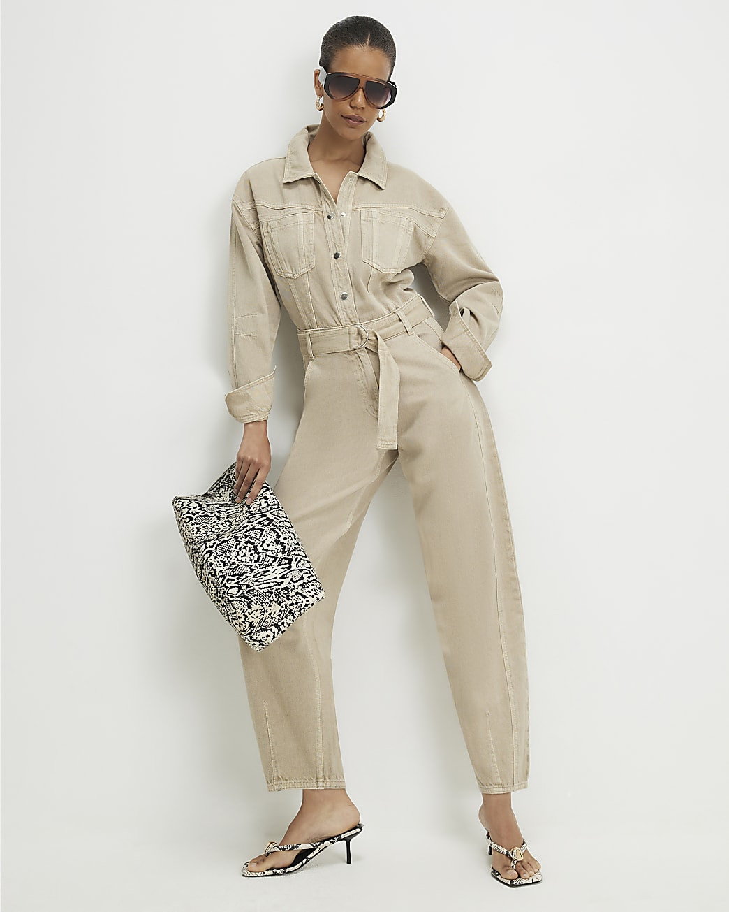 Beige Denim Belted Barrel Leg Jumpsuit | River Island UK & IE