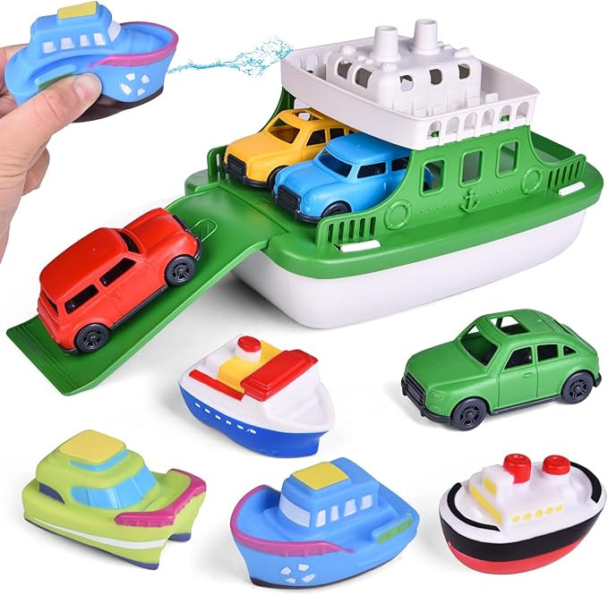 Toy Boat Bath Toys for Toddlers with 4 Mini Car Toys and 4 Bath Boat Squirters, Kids Ferry Boat f... | Amazon (US)