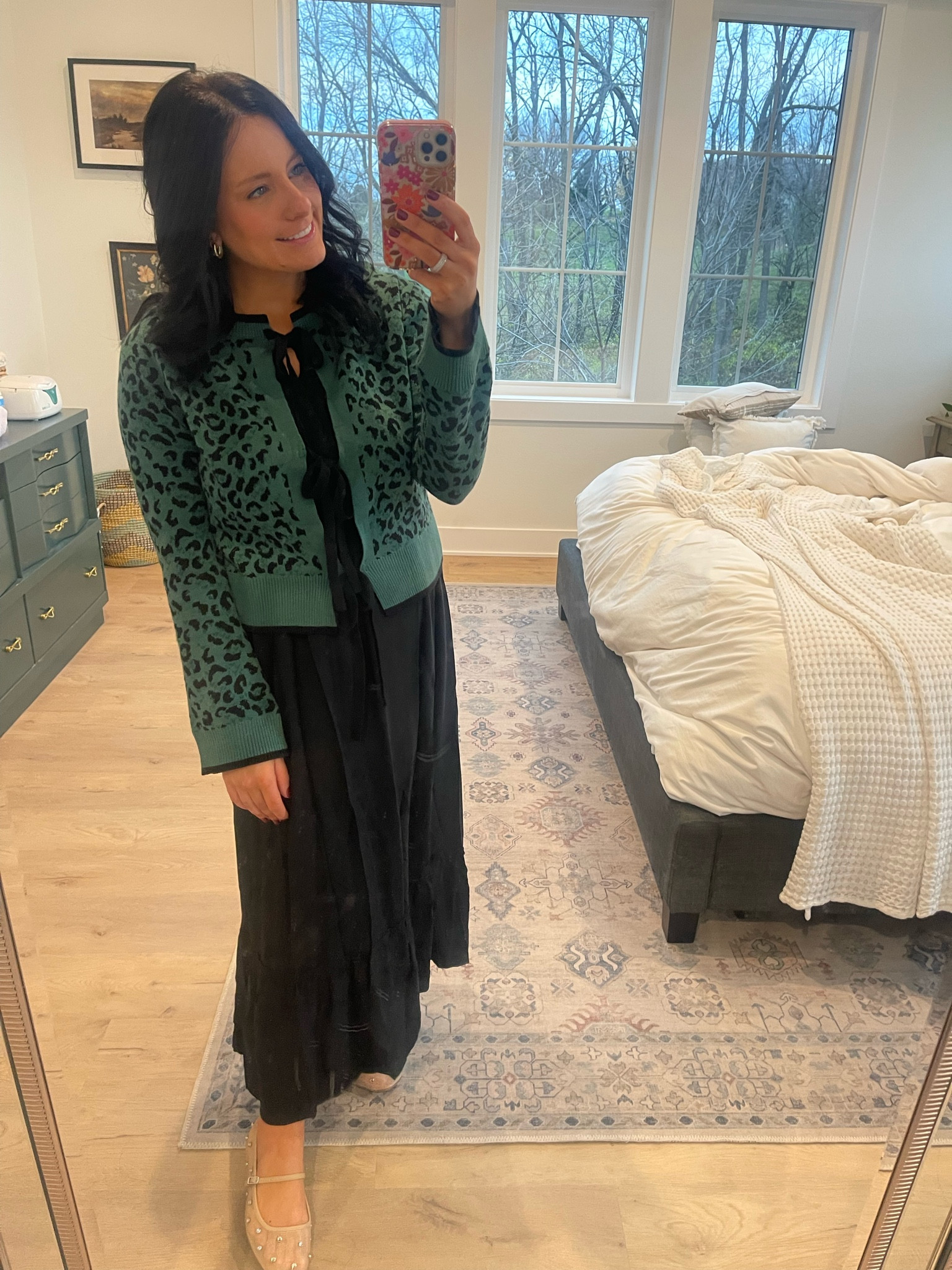 Winter Christmas holiday outfit! Black maxi dress, green cheetah print sweater, rhinestone ballet flats. Amazon fashion finds! 

#LTKFindsUnder50 #LTKSeasonal