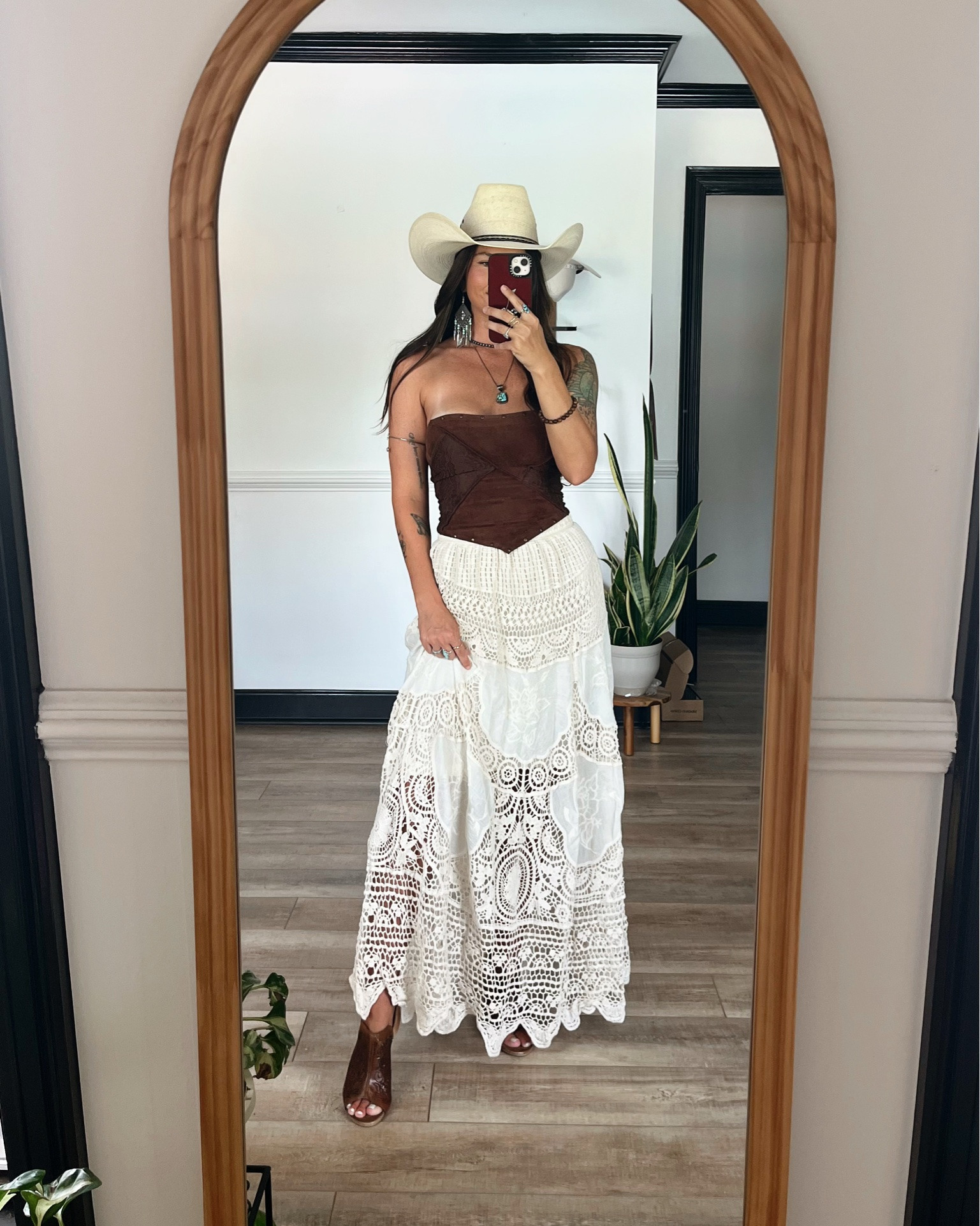 Western boho all the way! Love the crochet detail in the cream dress & dark chocolate brown strapless top paired with it! Wearing xs top and small skirt

#LTKootd #LTKgrwm #LTKSeasonal