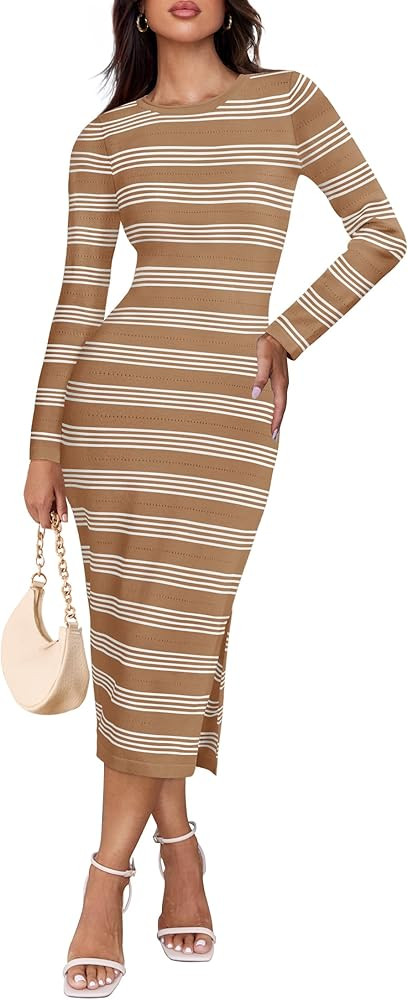 ZESICA Women's Fall Long Sleeve Striped Knit Midi Dresses Crewneck Side Slit Bodycon Sweater Dres... | Amazon (US)
