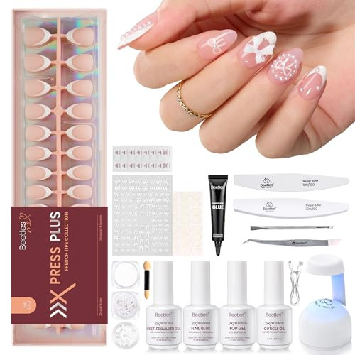 Beetles X Press Gel Nail Kit, French Tip Press On Nails Short Almond Kit with 224Pcs Nail Tips Nail Glue Builder Gel Top Coat Mini UV Light All-in-One DIY Wedding Nail Designs Gift for Women | Amazon (US)