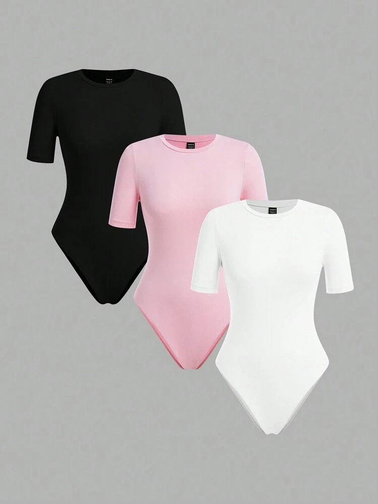 SHEIN BASICS 3pcs/Set Women Solid Color Knit Crew Neck Short Sleeve Bodysuit | SHEIN
