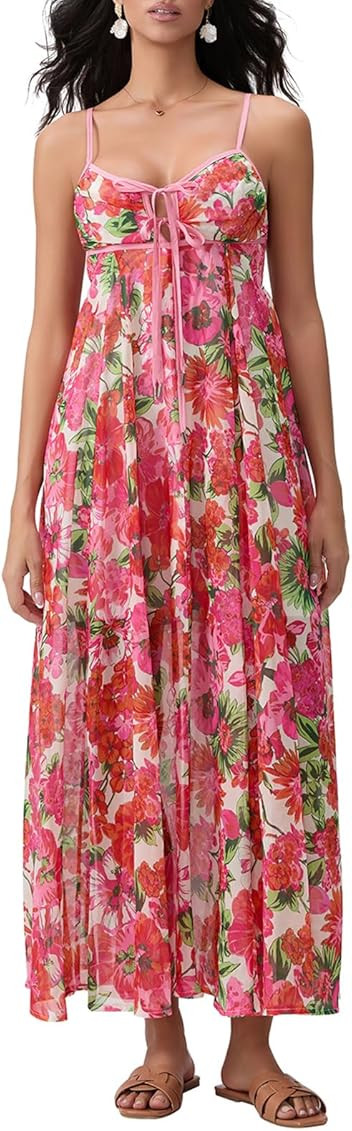 Women Boho Tie Shoulder Maxi Dress Y2k Floral Smocked Long Dress Sleeveless Flowy Summer Beach Sundress | Amazon (US)