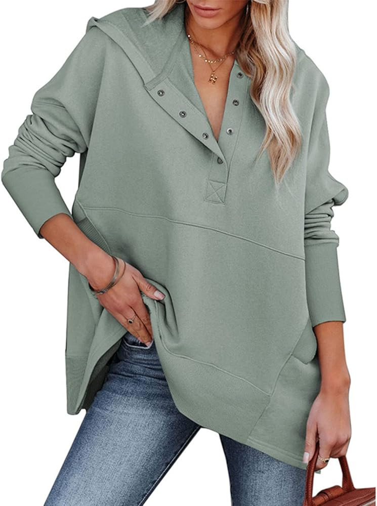 PAODIKUAI Women Casual Button Hoodies Oversized V Neck Long Sleeve Pullover Sweatshirt Hooded Top... | Amazon (US)