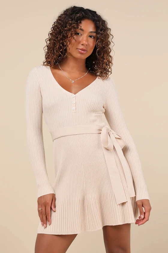 Cozy Poise Beige Henley Long Sleeve Mini Sweater Dress | Lulus