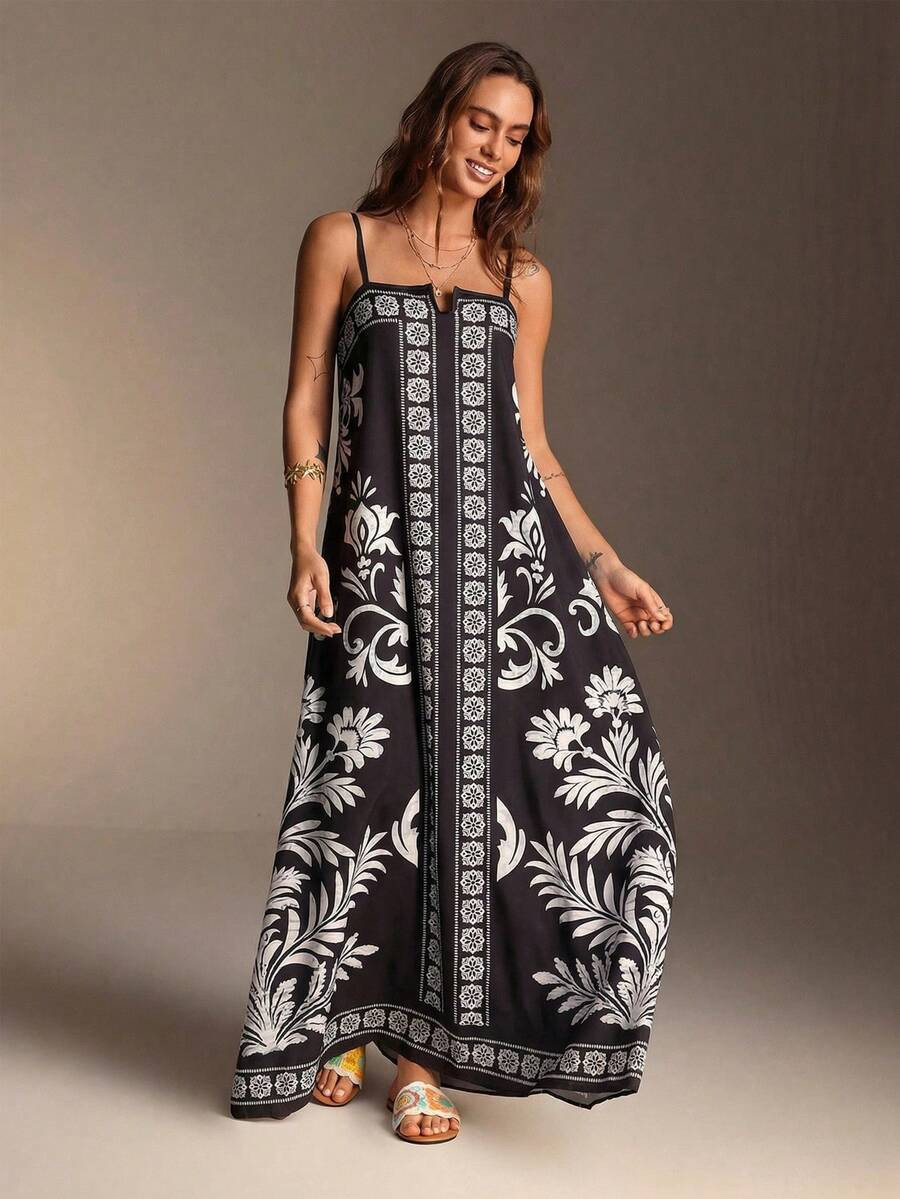 Swim Vcay Summer Beach Time Loose Floral & Chinoiserie Print Maxi Dress | SHEIN