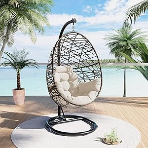 LUCKYBERRY Outdoor Wicker Tear Drop Hanging Egg Chair Color Cushion Beige | Amazon (US)