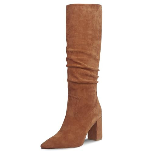 Ouepiano Womens Knee High Boots Chunky Heel Faux Suede Pointed Toe Side Zipper Fall Boots Khaki 11 | Amazon (US)