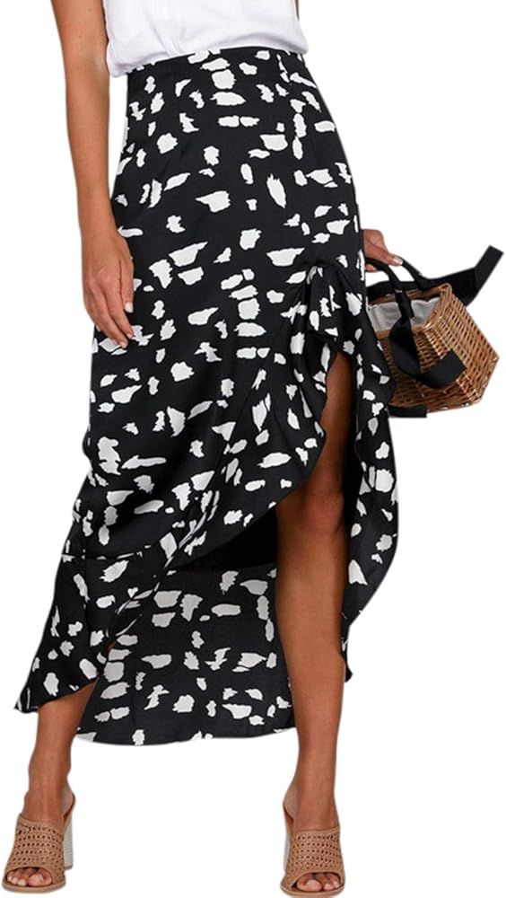 Simplee Women's High Waisted Boho Wrap Skirt Floral Print Beach Chiffon Skirt | Amazon (US)