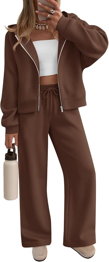 ZESICA Women's 2 Piece Outfits 2026 Fall Winter Fleece Hoodie Tracksuit Zip Up Sweatshirt Long Sw... | Amazon (US)