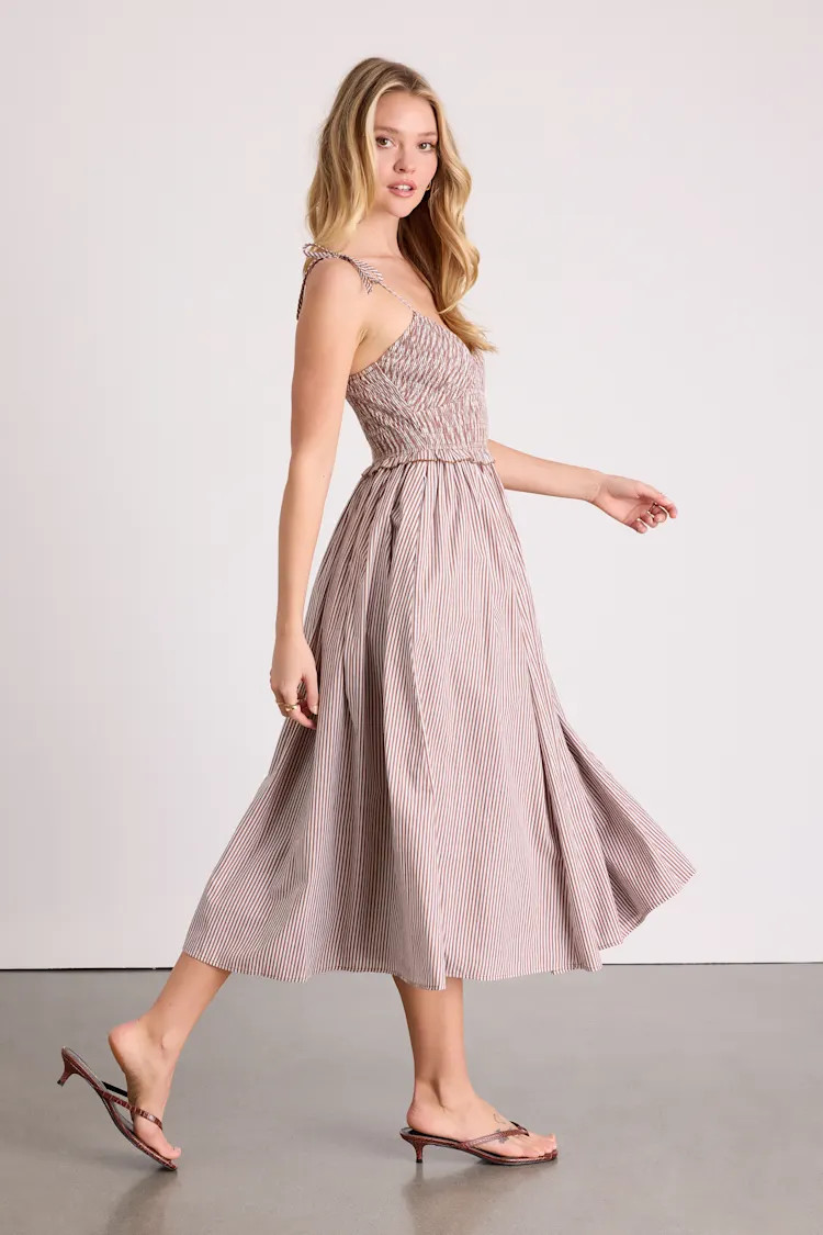 Fanya Brown and White Striped Smocked Midi Dress | Lulus