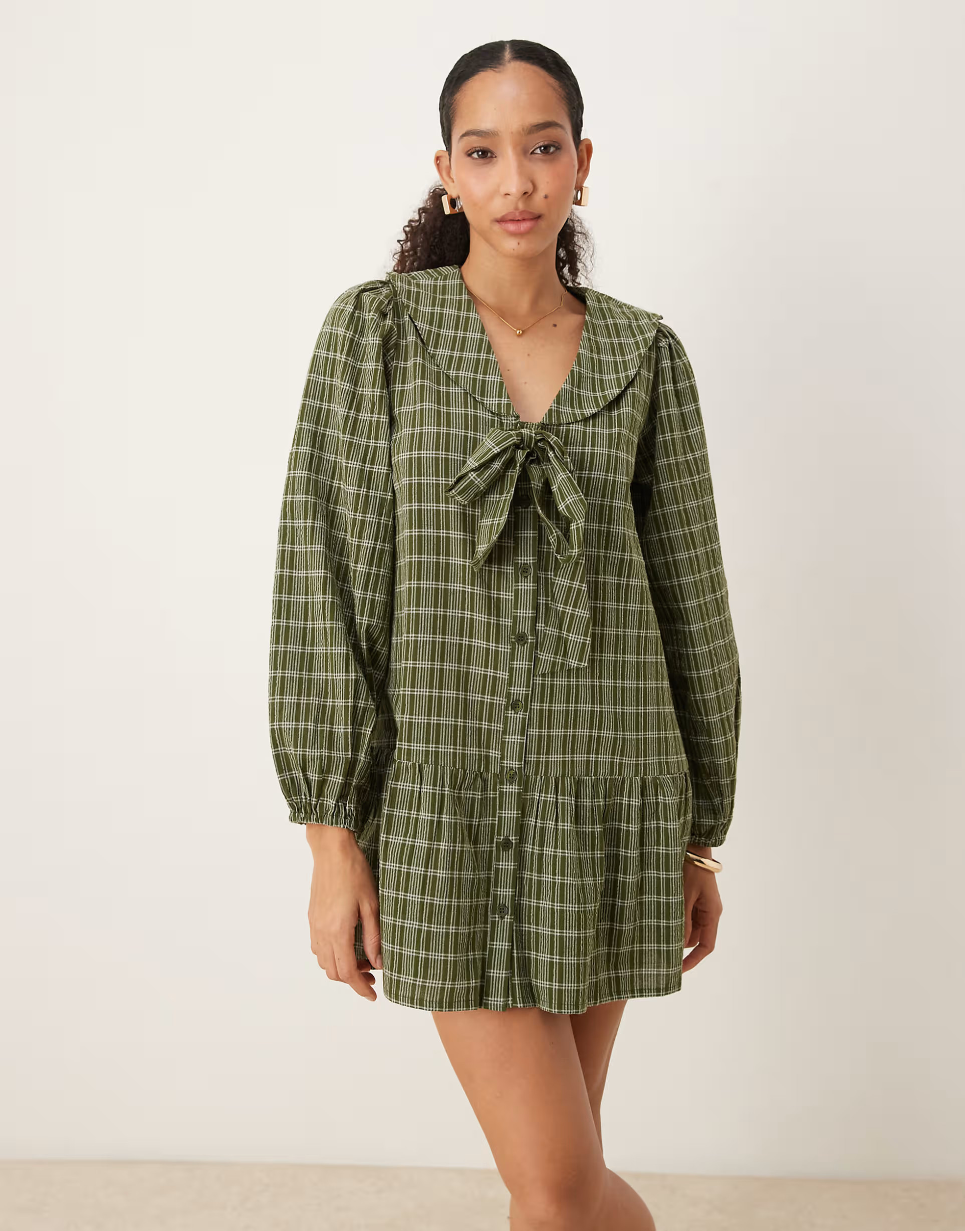 Neon Rose bow detail check mini smock dress in green | ASOS (Global)