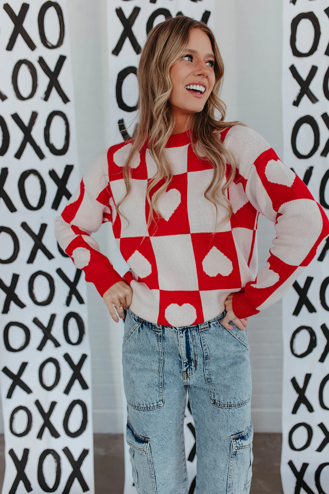 THE RAMONA CHECKERED HEART SWEATER IN RED | Pink Desert