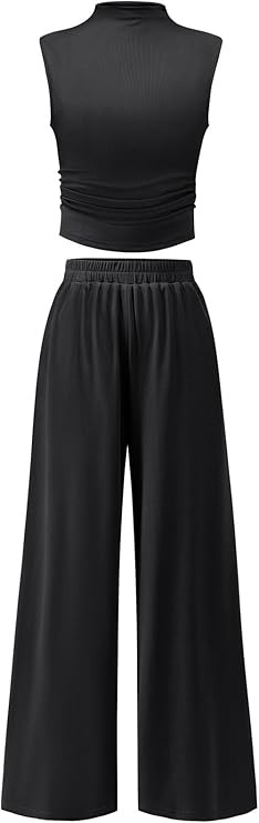 ANRABESS Womens 2 Piece Outfits 2024 Summer Mock Neck Sleeveless Cropped Tank Tops Wide Leg Long ... | Amazon (US)