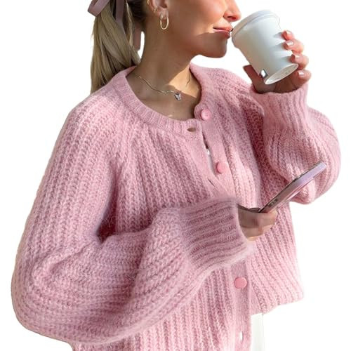 VDWIP Women's Cardigan Sweaters Button Down Open Front Chunky Cardigan Long Sleeve Cropped Y2k Knit Outerwear(Pink-S) | Amazon (US)