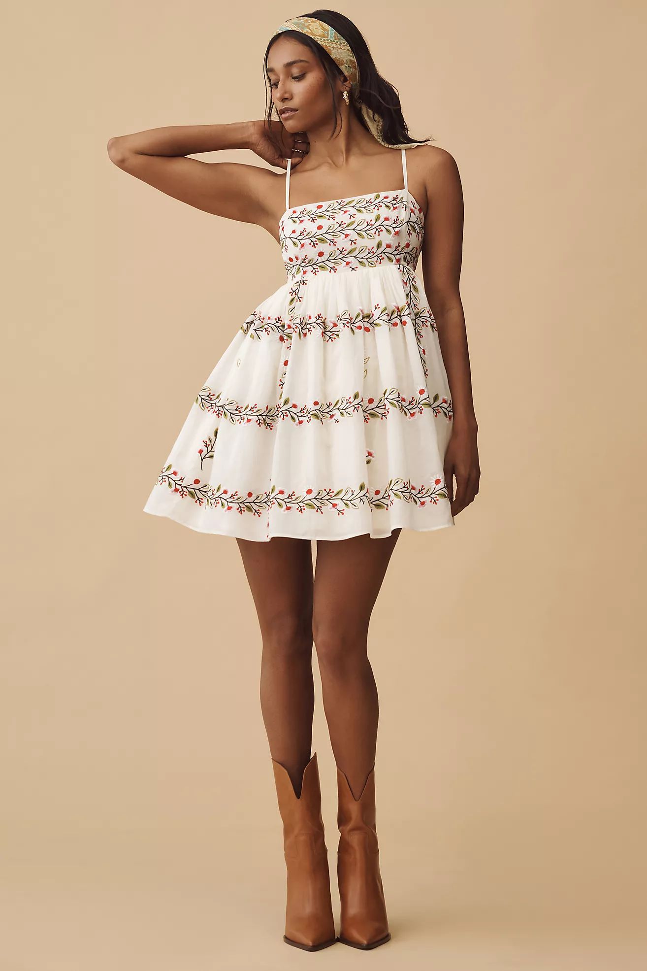 Samant Chauhan Square-Neck Floral Embroidered Mini Dress | Anthropologie (US)