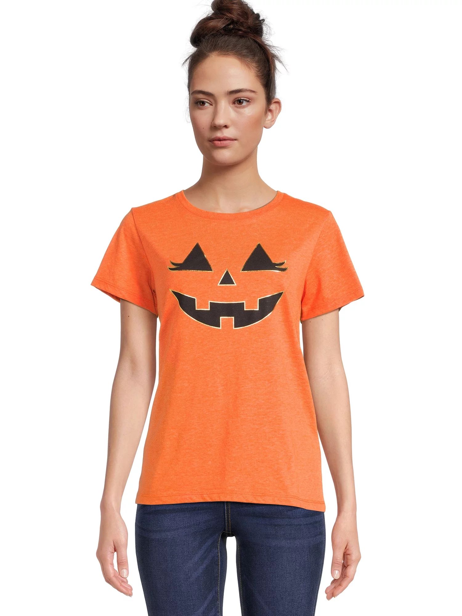 Women's Halloween Jack-O-Lantern Graphic Tee, Fall Short Sleeve T Shirt from Way to Celebrate, Si... | Walmart (US)