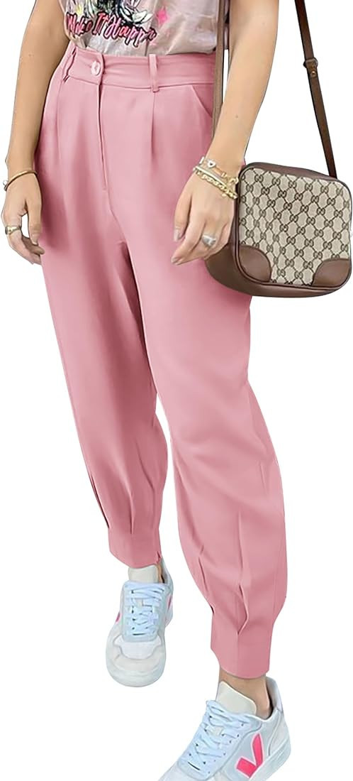 PRETTYGARDEN Women's Summer High Waisted Pants Casual Ankle Length Work Office Trouser Slacks wit... | Amazon (US)