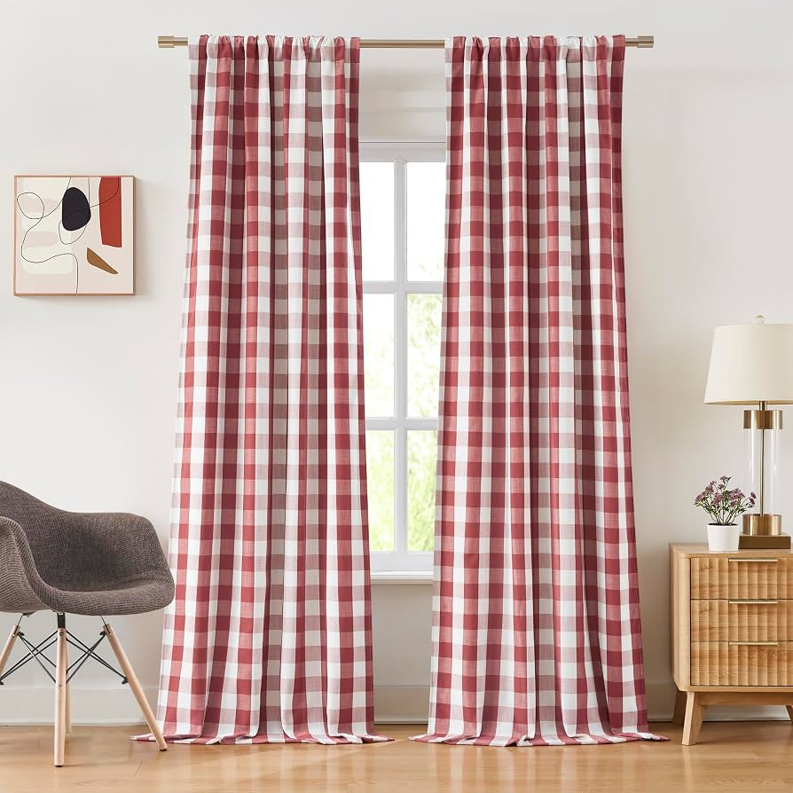 Red White Buffalo Plaid Full Blackout Curtain Panels 95 Inches Length,Farmhouse Gingham Drapes,Th... | Amazon (US)
